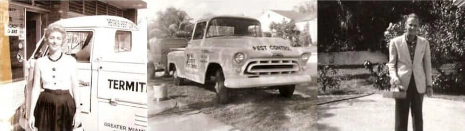 Petri Pest Control service trucks and employees in 1956