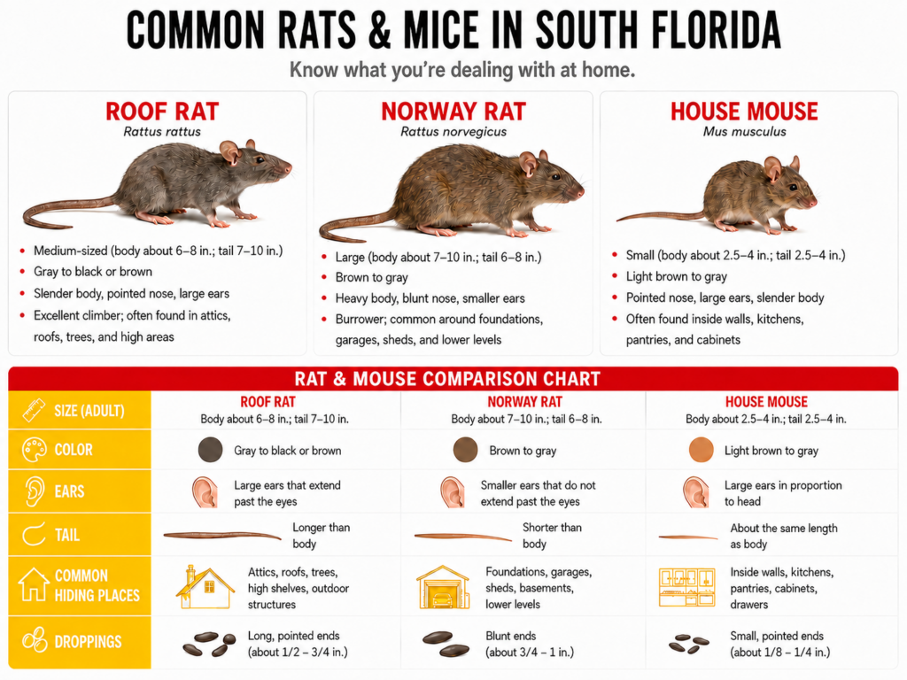 comparison chart illustrating the differences between roof rats, norway rats, and house mice in south florida