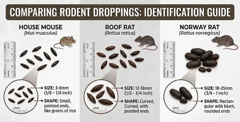 comparison chart showing the differences between rodent droppings - house mice, roof rats, norway rats