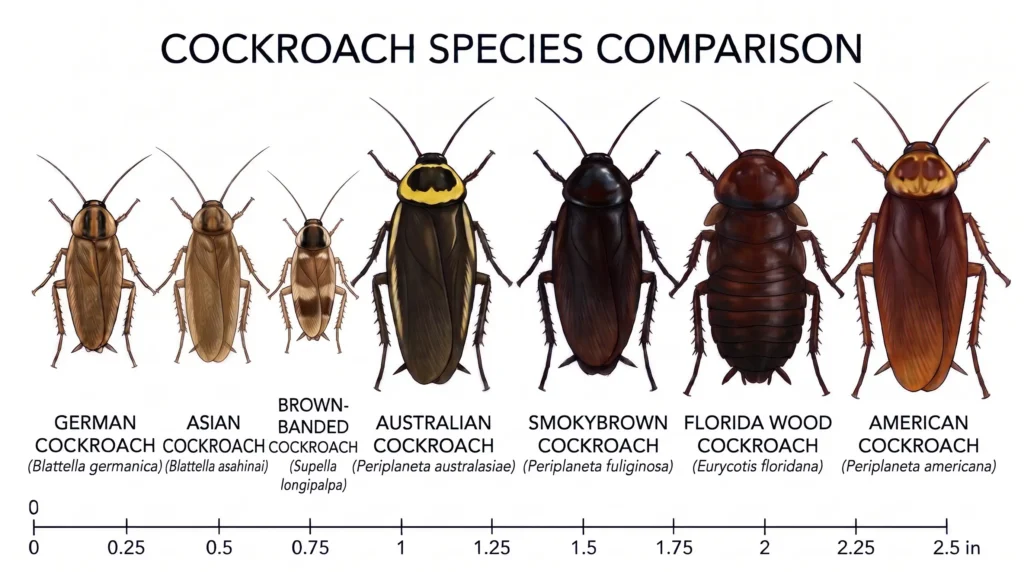 graphic showing the most common types of domestic cockroaches found in south florida homes - german, asian, brown banded, australian, smokybrown, florida wood, american